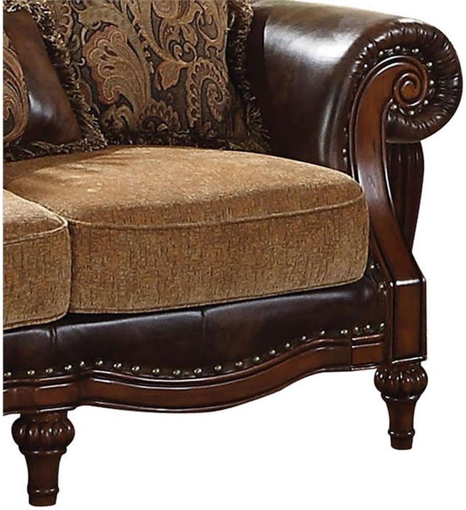 Acme Furniture Loveseat (w/3 Pillows), 2-Tone Brown PU & Chenille 05496