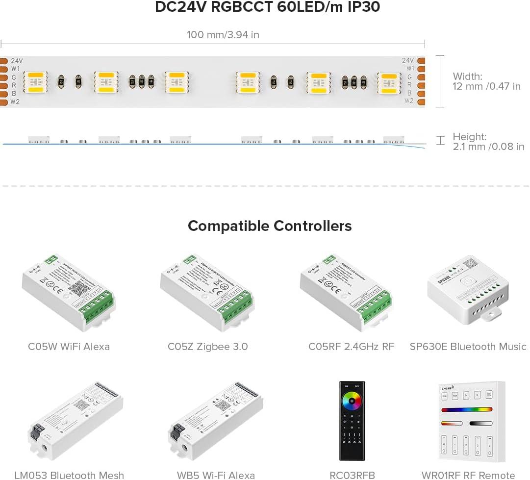 BTF-LIGHTING RGBCCT 5 Colors in 1 LED 5050SMD RGBWW RGB+Dimmable Tunable Color Temperature 2700K-6500K 16.4ft 60LEDs/m 300LEDs DC24V Multi-Colored Tape Lights IP30 White PCB(No Adapter or Controller)