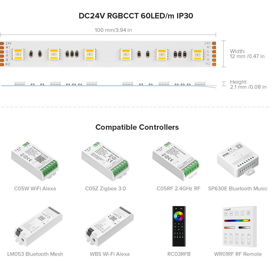 BTF-LIGHTING RGBCCT 5 Colors in 1 LED 5050SMD RGBWW RGB+Dimmable Tunable Color Temperature 2700K-6500K 16.4ft 60LEDs/m 300LEDs DC24V Multi-Colored Tape Lights IP30 White PCB(No Adapter or Controller)
