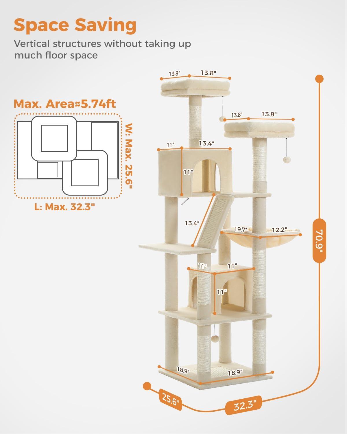 Tall Cat Tree 70.9", Large Cat Tower for Indoor Cats, Multi-Level Plush Cat Condo with 6 Scratching Posts, 2 Scratching Boards, 2 Perches, 2 Caves, Hammock, 2 Pompoms, Beige