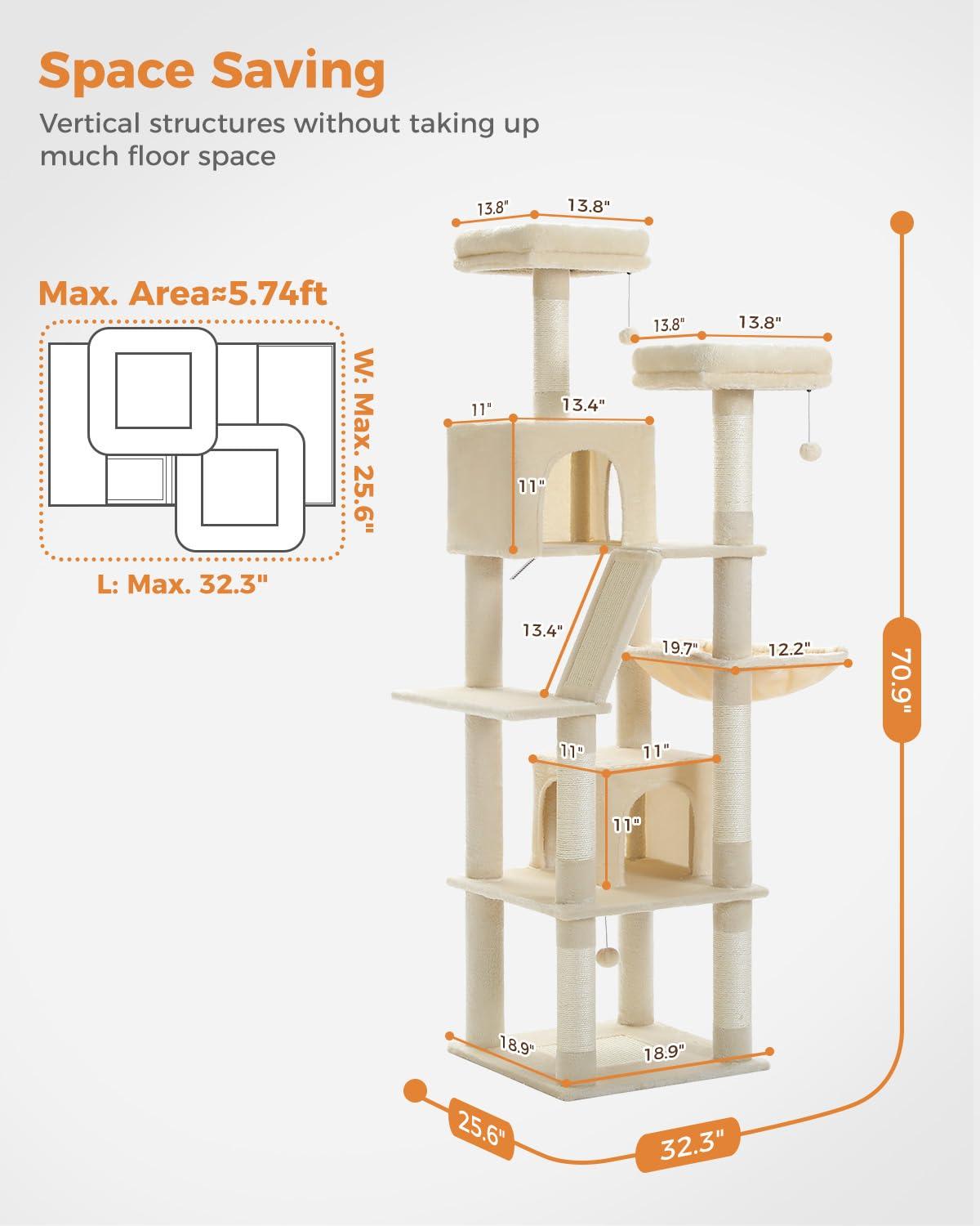 Tall Cat Tree 70.9", Large Cat Tower for Indoor Cats, Multi-Level Plush Cat Condo with 6 Scratching Posts, 2 Scratching Boards, 2 Perches, 2 Caves, Hammock, 2 Pompoms, Beige