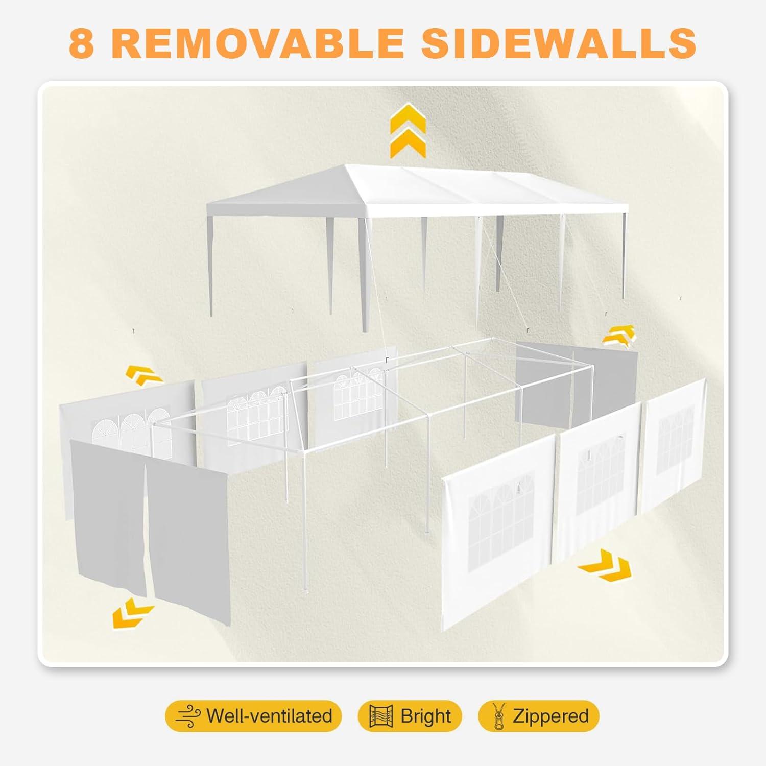 HomGarden 10x30FT Outdoor Gazebo Canopy Wedding Party Tent Shelter Pavilion W/ 8 Removable Sidewalls & Windows for Cater Events, White
