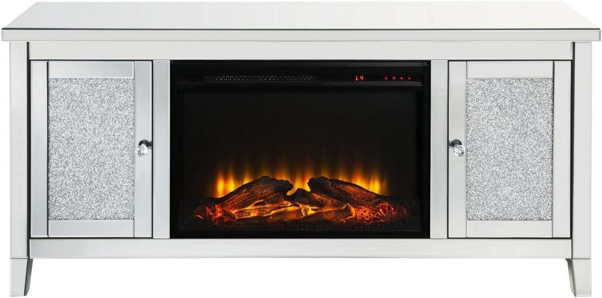 Silver Mirrored TV Stand with Electric Fireplace and Cabinet