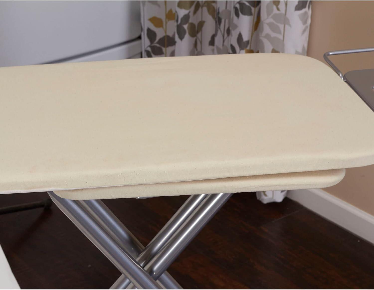 Household Essentials Wide Mega Ironing Board 4-Leg, Steel Top Pressing Station, Heat-Resistant Fiber Pad and Cotton Cover, Includes Sleeve Board and Iron Rest with Hanger Bar, Silver Frame