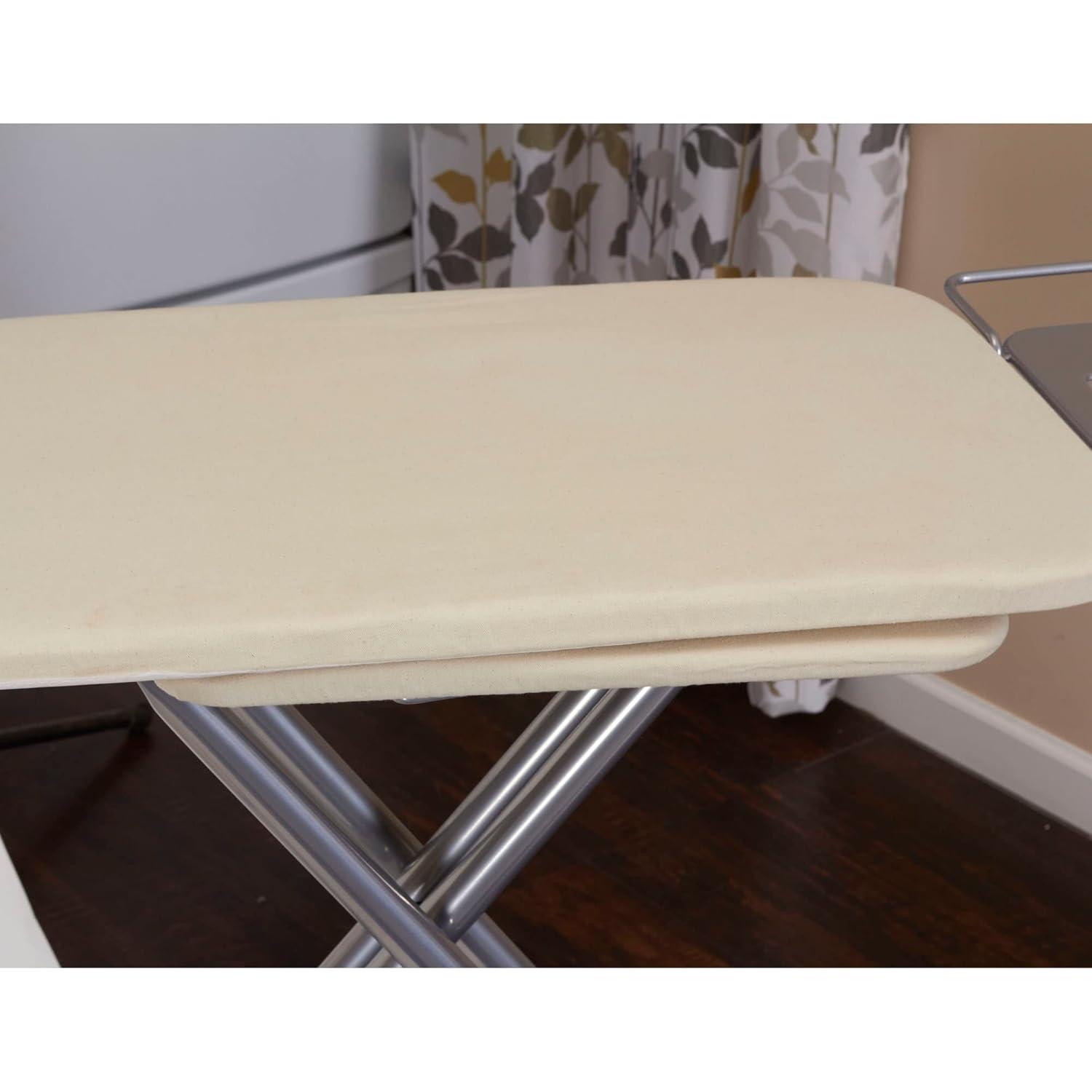Household Essentials Wide Mega Ironing Board 4-Leg, Steel Top Pressing Station, Heat-Resistant Fiber Pad and Cotton Cover, Includes Sleeve Board and Iron Rest with Hanger Bar, Silver Frame