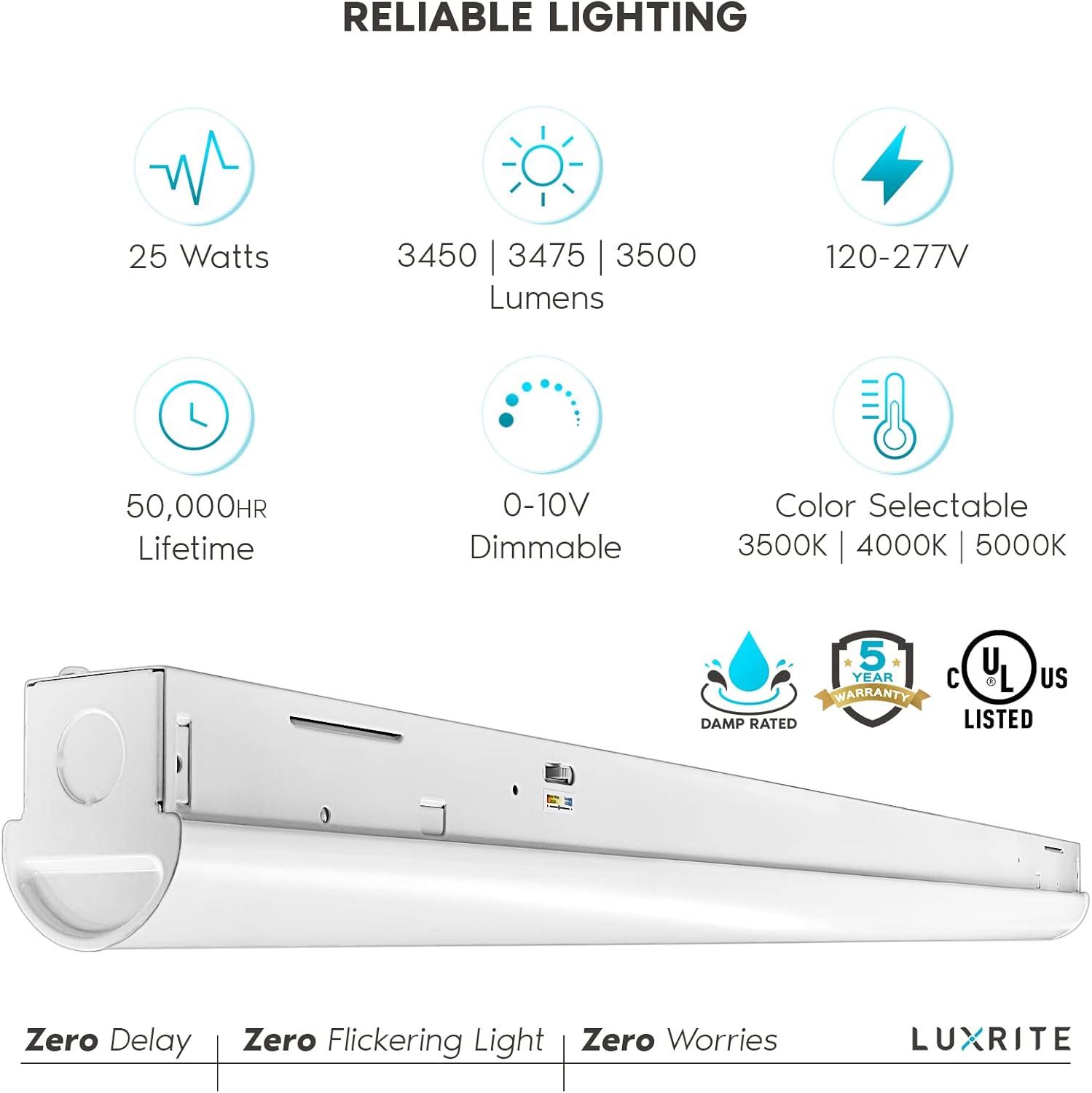 Luxrite 3FT Slim LED Shop Light, 25W, 3450 Lumens, 3 Color Selectable 3500K-5000K, 0-10V Dimmable, Damp Rated UL Listed