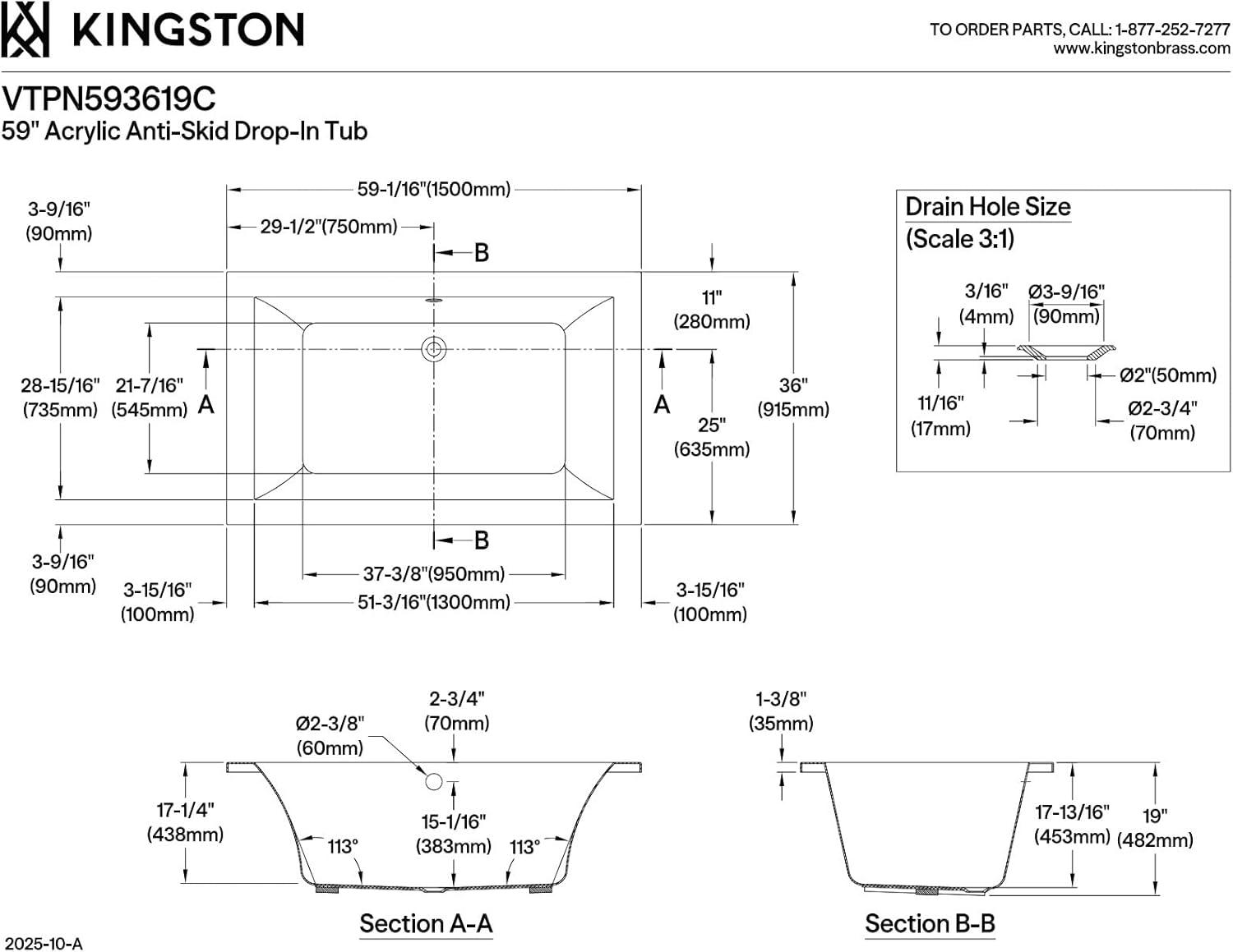 Kingston Brass Aqua Eden 59-Inch Acrylic Rectangular Drop-In Tub with Reversible Drain