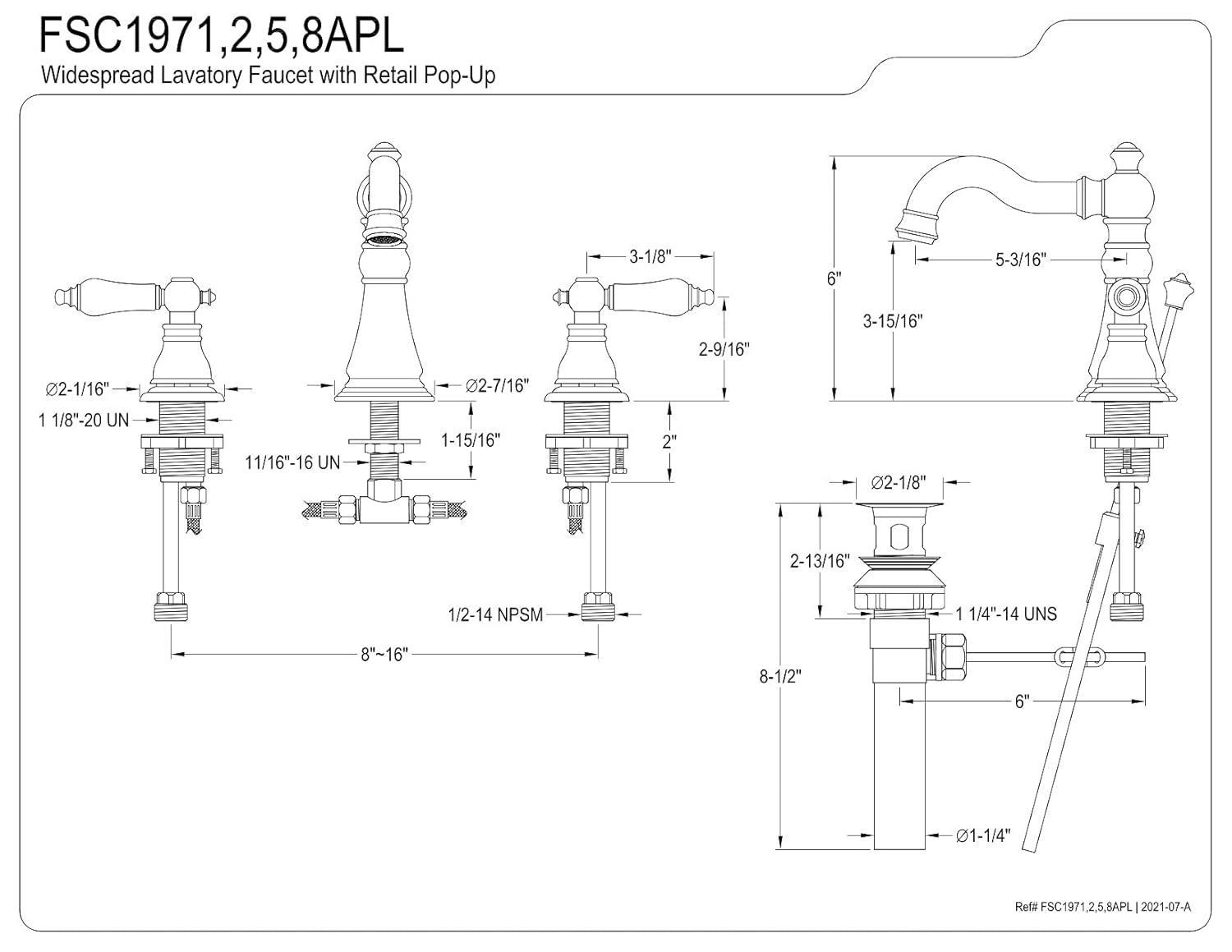Kingston Brass American Patriot Two-Handle 3-Hole Deck Mount Widespread Bathroom Faucet with Pop-Up Drain