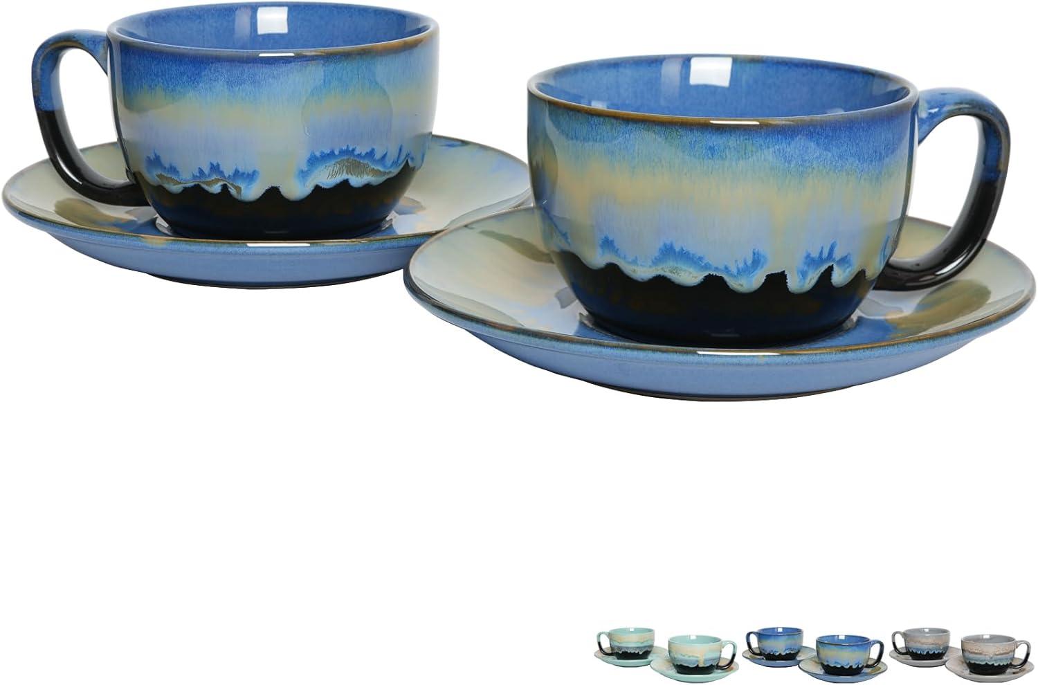 shuoli Ceramic Cappuccino Cup And Saucer Set Of 2, 10 Oz, Dishwasher And Microwave Safe, Coffee Cups For Latte, Espresso, Tea, Reavtive Glaze (Blue, 10 Oz) | Wayfair