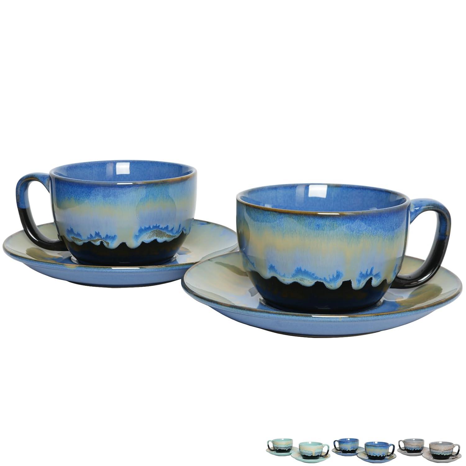 shuoli Ceramic Cappuccino Cup And Saucer Set Of 2, 10 Oz, Dishwasher And Microwave Safe, Coffee Cups For Latte, Espresso, Tea, Reavtive Glaze (Blue, 10 Oz) | Wayfair