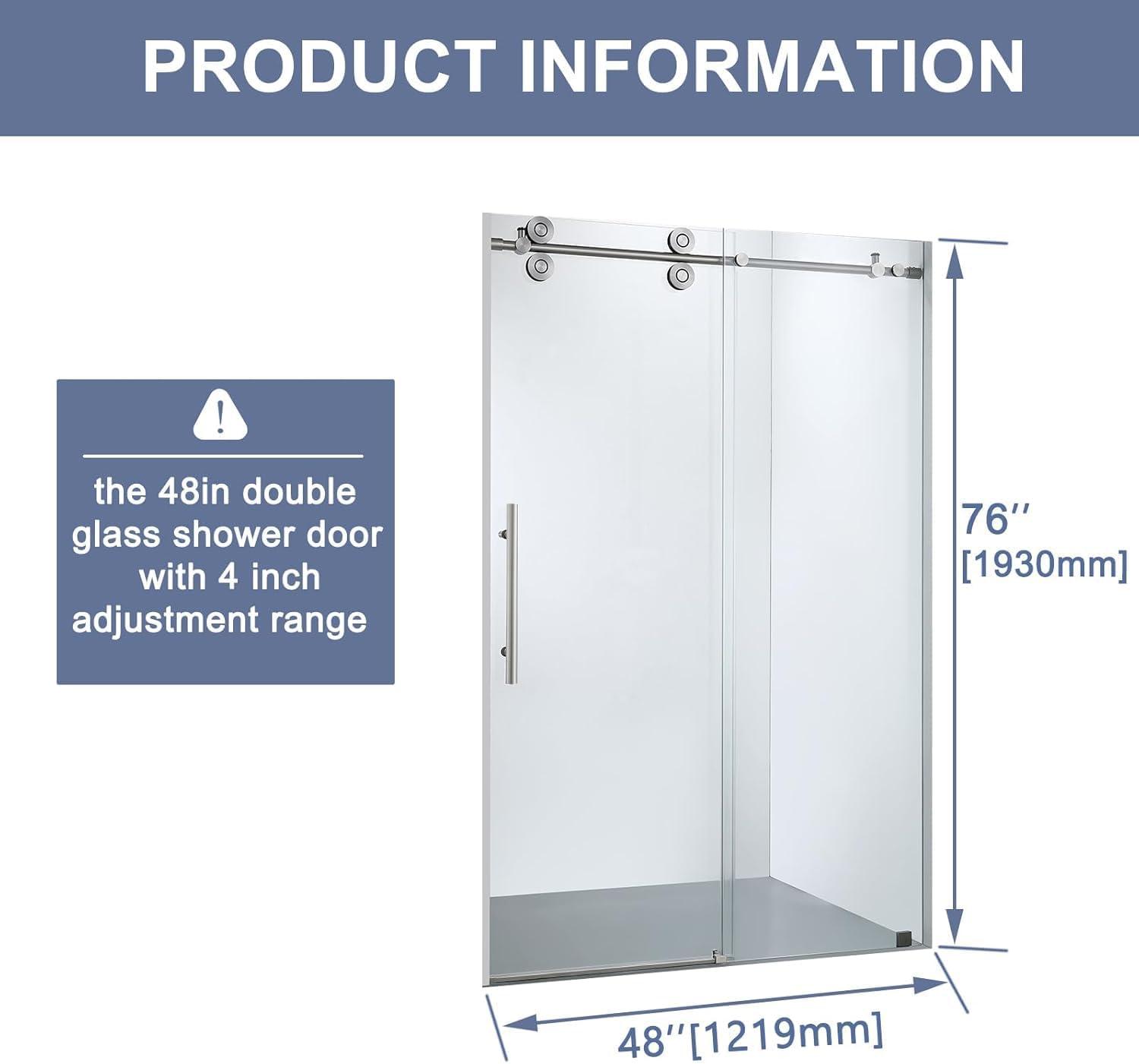 Frameless Sliding Shower Door, 76 x (44-48) Inch Frameless Shower Door, 5/16" (8mm) Clear Tempered Glass in Brushed Nickel Finish, Glass Shower Door