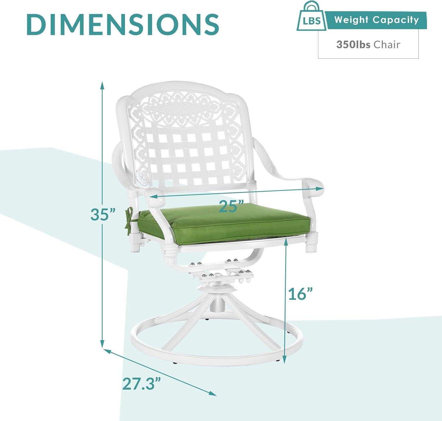 VIVIJASON Vivijason Patio Swivel Dining Chairs Set Of 2, All Weather Cast Aluminum Outdoor Dining Rocker Chairs, Patio Furniture Chair Set With Cushion For Balcony, Lawn, Garden, Backyard, White/green Cushion