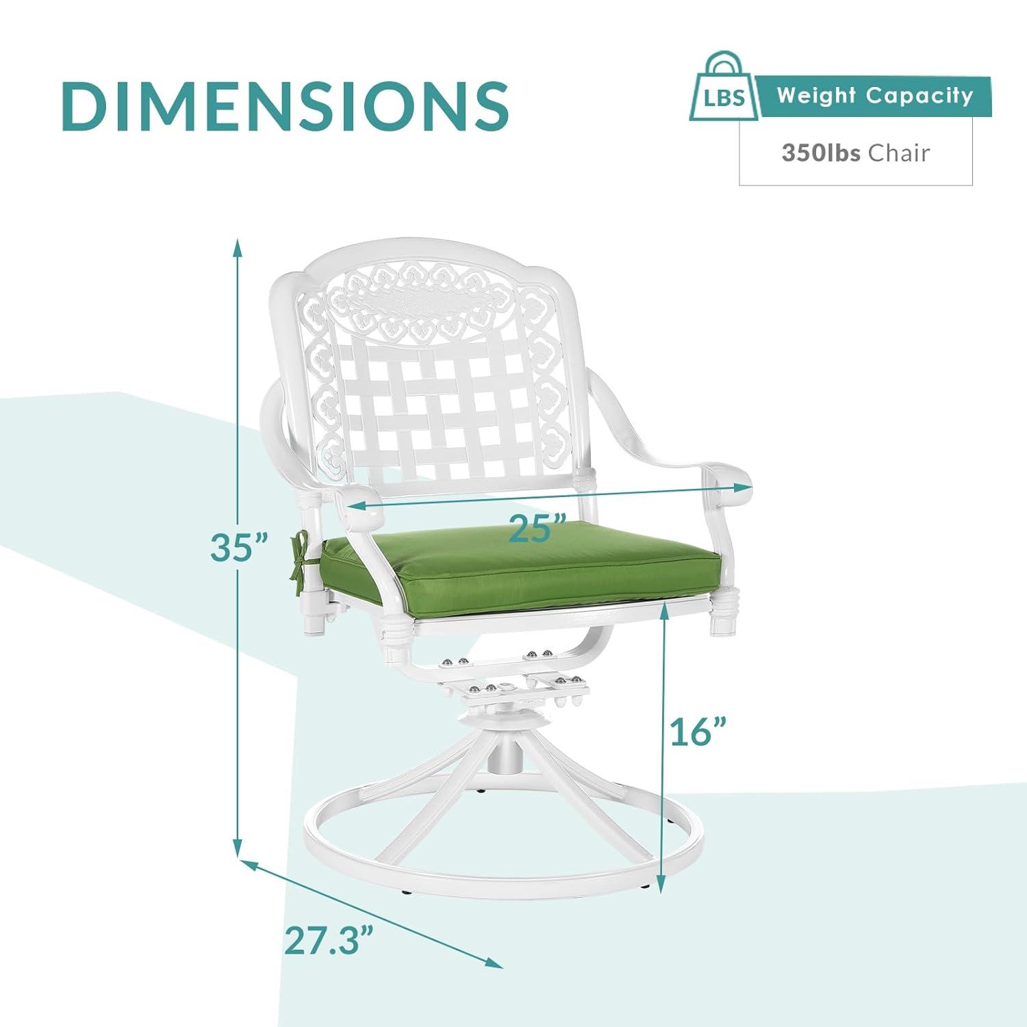 VIVIJASON Vivijason Patio Swivel Dining Chairs Set Of 2, All Weather Cast Aluminum Outdoor Dining Rocker Chairs, Patio Furniture Chair Set With Cushion For Balcony, Lawn, Garden, Backyard, White/green Cushion