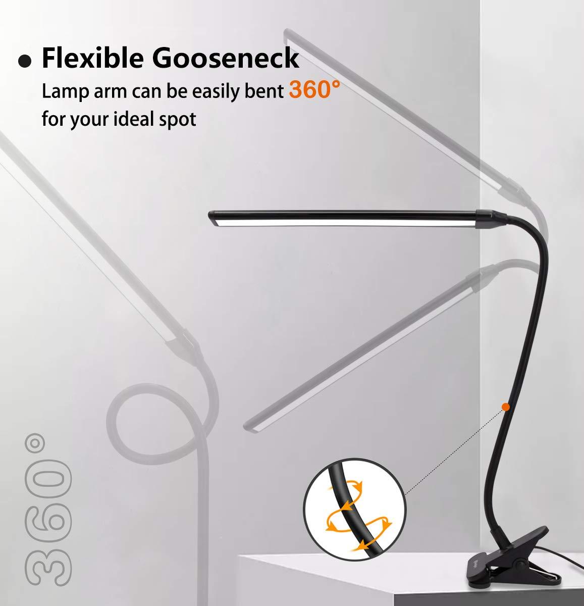 Clamp on Lamp, Clip Light, Desk Lamps with 3 Color Temperature Settings, 10 Brightness Levels, 2m USB Cord Power Supply and AC Adapter Included, Pack of 2 (Black)