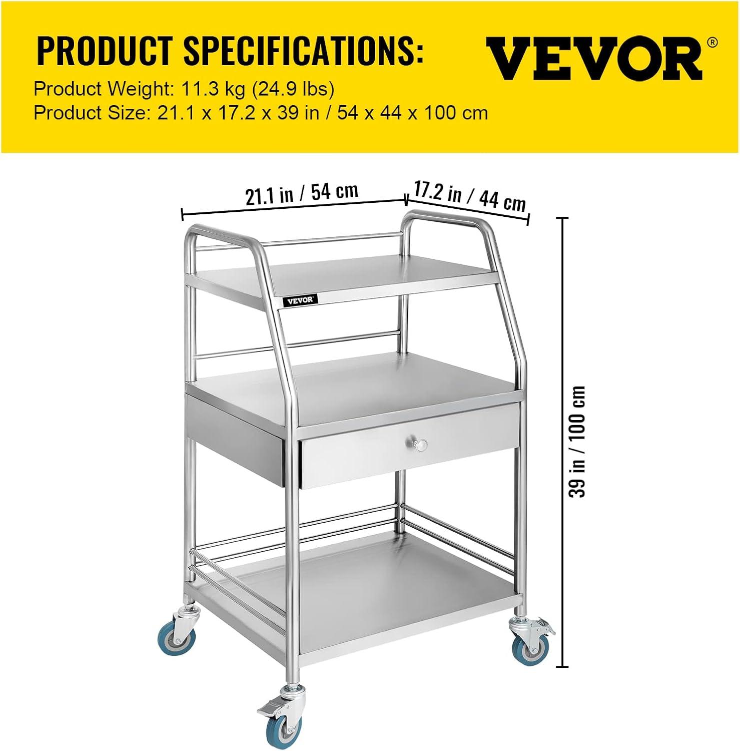 Stainless Steel 3-Shelf Rolling Lab Cart with Drawer