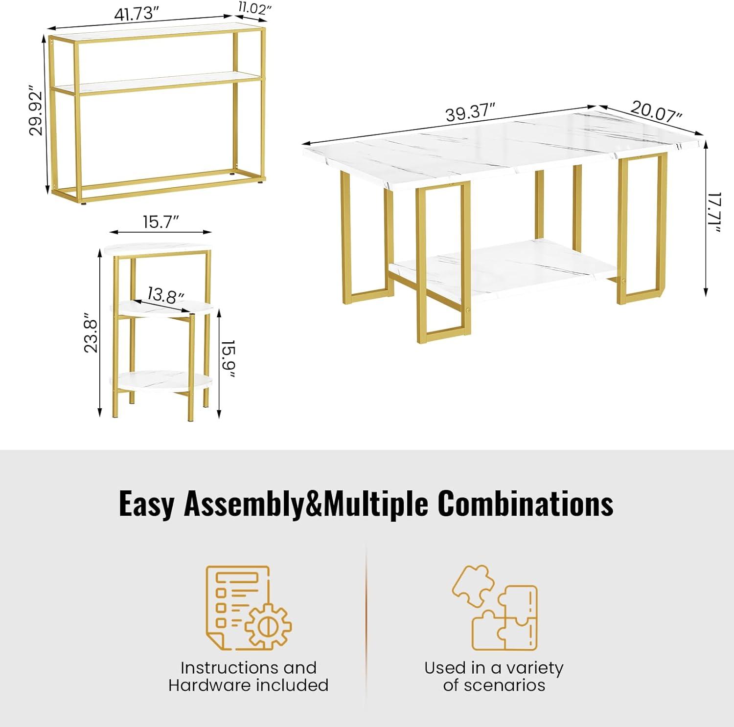 AWQM Coffee Table Set of 3, Gold Coffee Table & End Table & Console Tables for Entryway, Living Room Table Set with Metal Frame,Accent Table Side Table for Home,Office,Gold+White