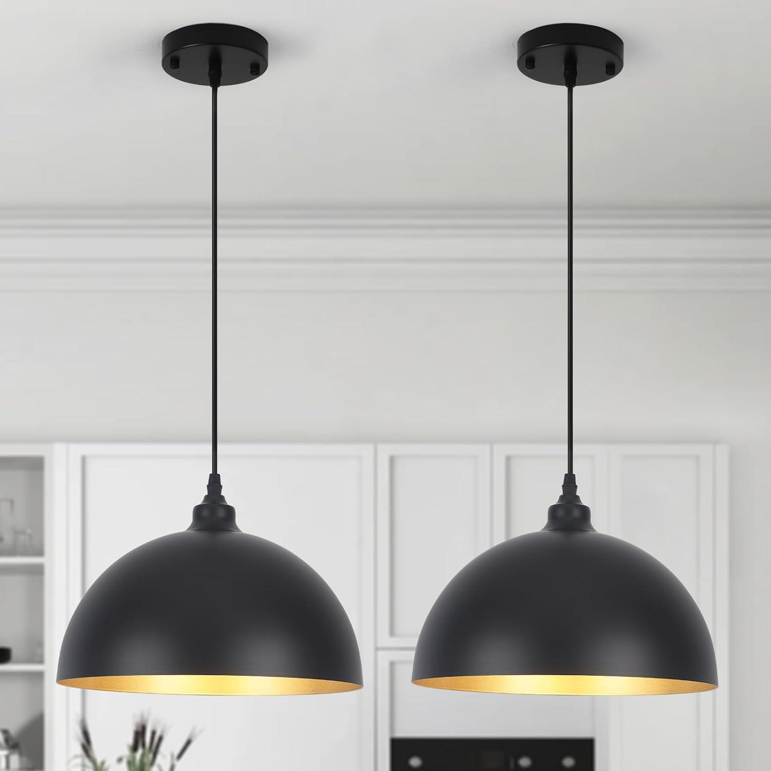 2-Pack Black Pendant Lights, 11.81'' Modern Pendant Lights Kitchen Island, Dome Large Pendant Light for Dining Room Foyer Bedroom Entryway Hallway Light Fixtures