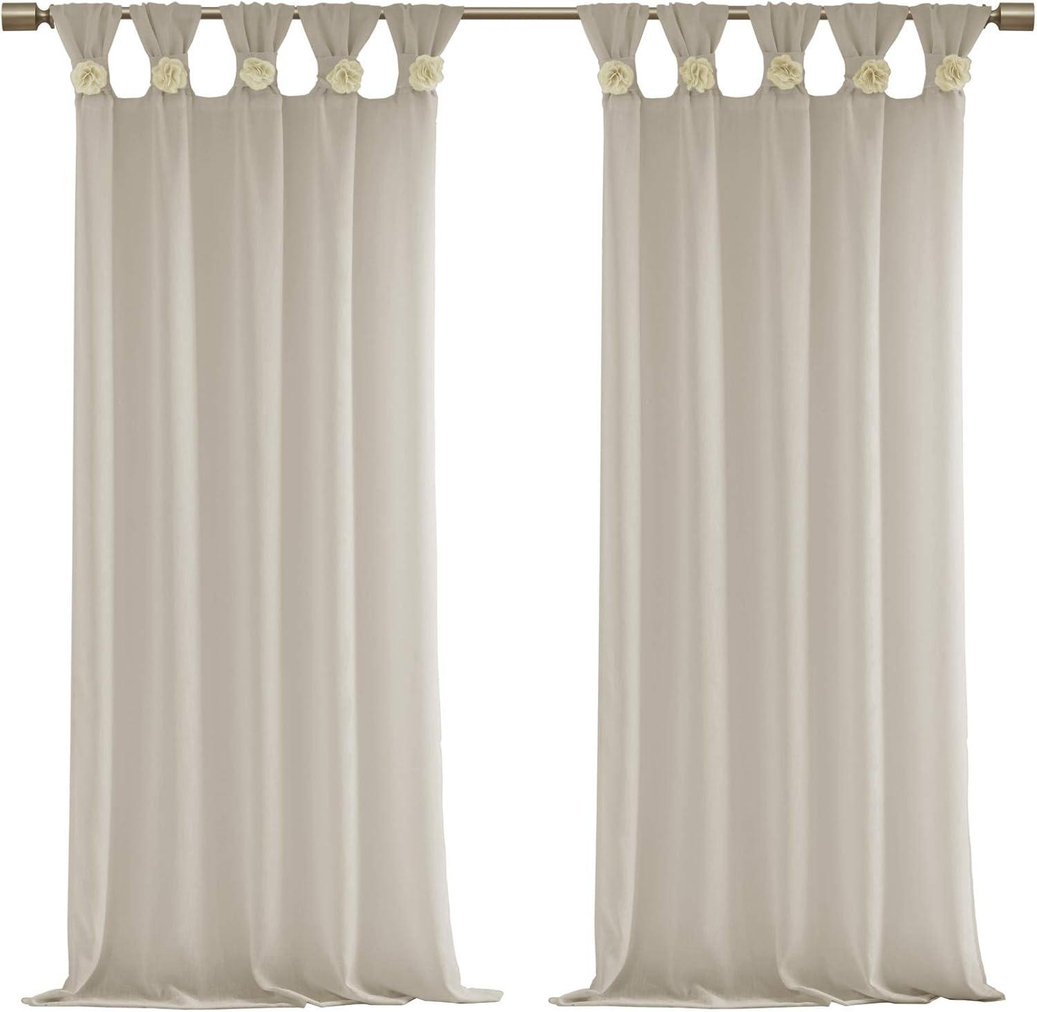 Rosette Floral Embellished Cuff Tab Top Solid Curtain Panel