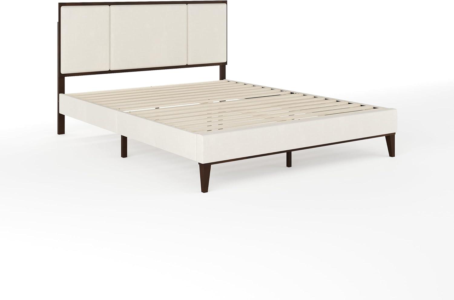 Queen Dark Brown and Beige Upholstered Wood Platform Bed