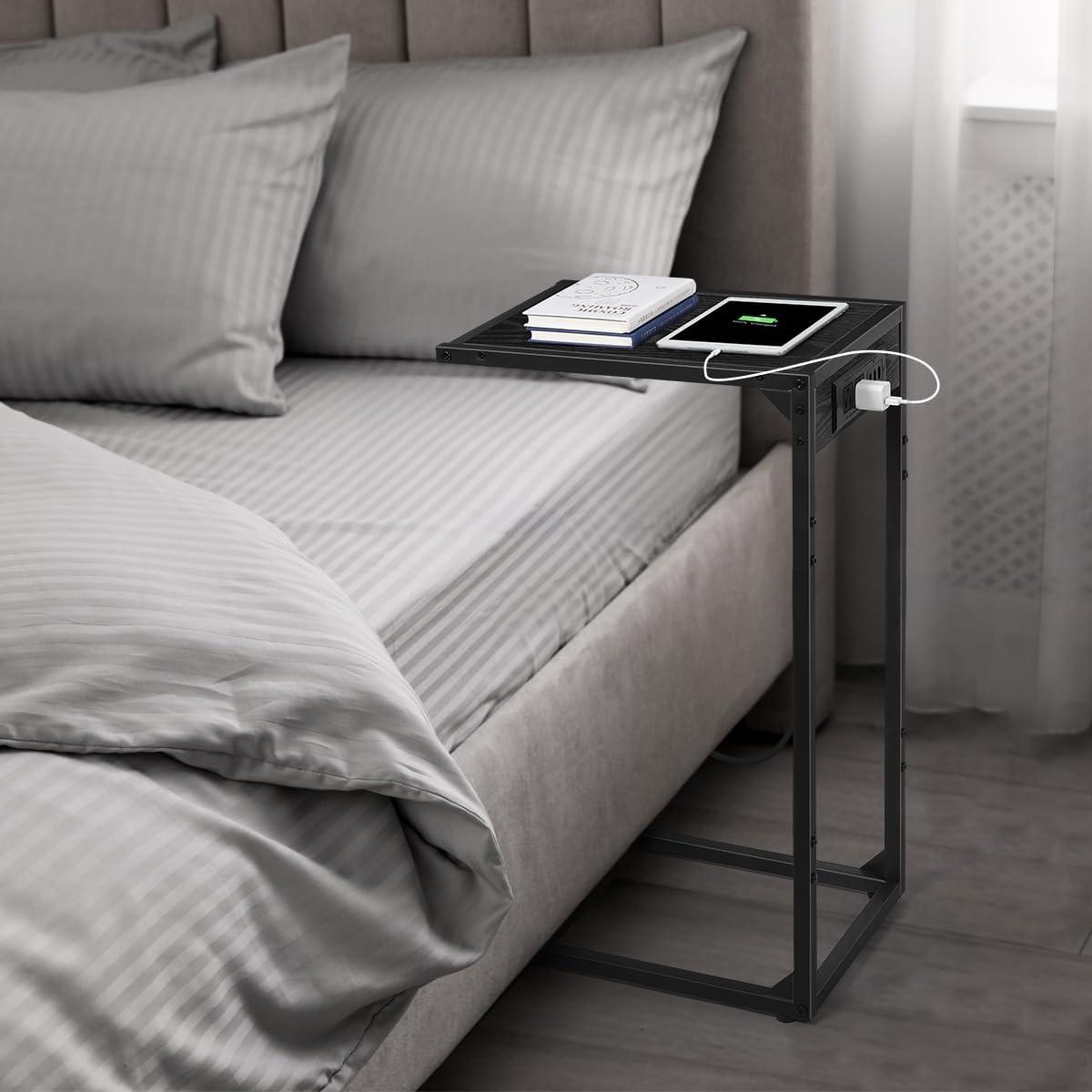 Black Metal C-Shaped End Tables with Charging Station