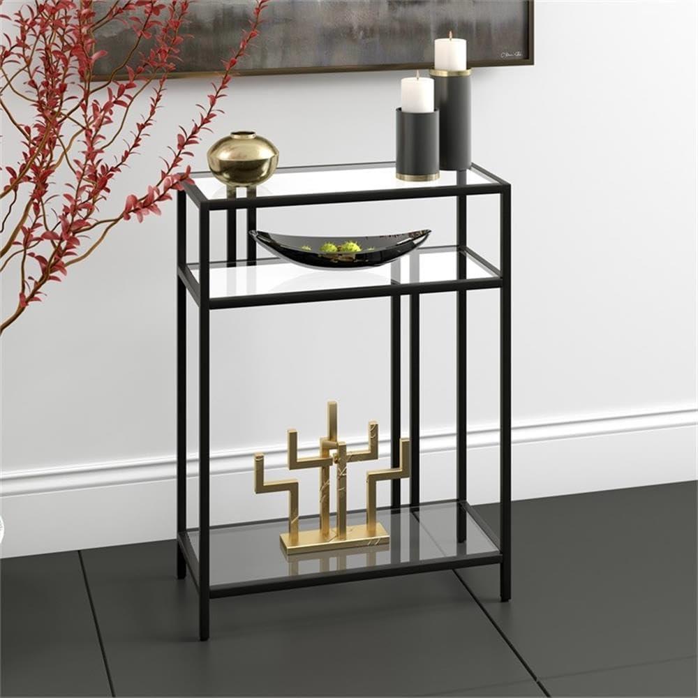 Evelyn&Zoe Cortland 22" Wide Rectangular Console Table with Glass Shelves, Blackened Bronze