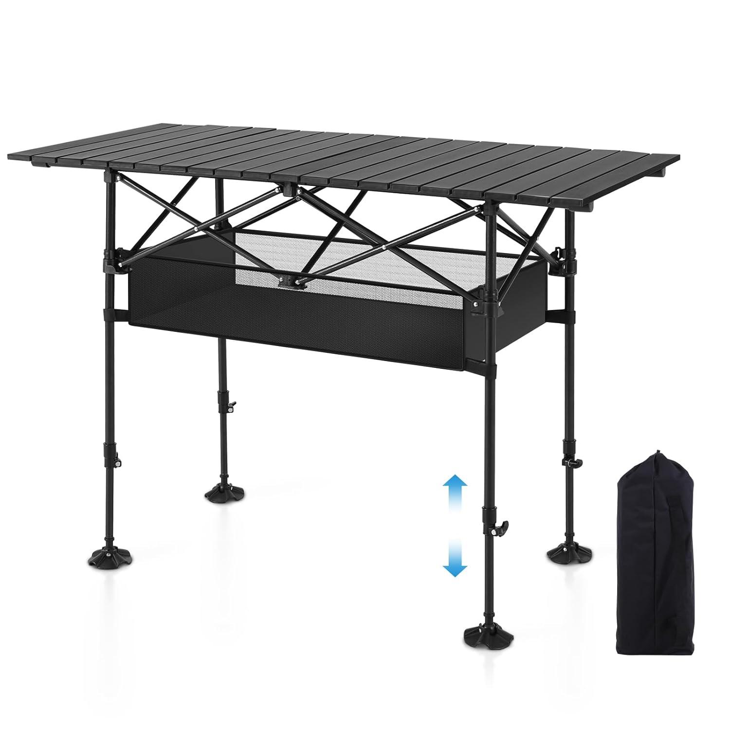Folding Camping Table, Portable Aluminum Roll-Up Picnic Backpacking Table With Adjustable Height, Large Storage And Carrying Bag For Picnic, Camping, BBQ, Party, Backyard, Beach