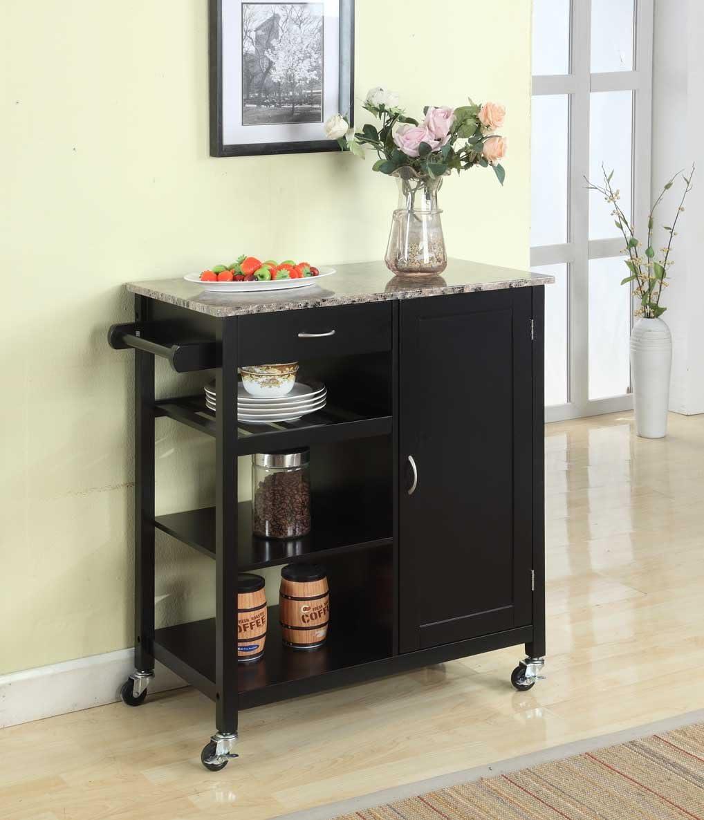 Black Wood Kitchen Cart with Marble Finish Top and Storage