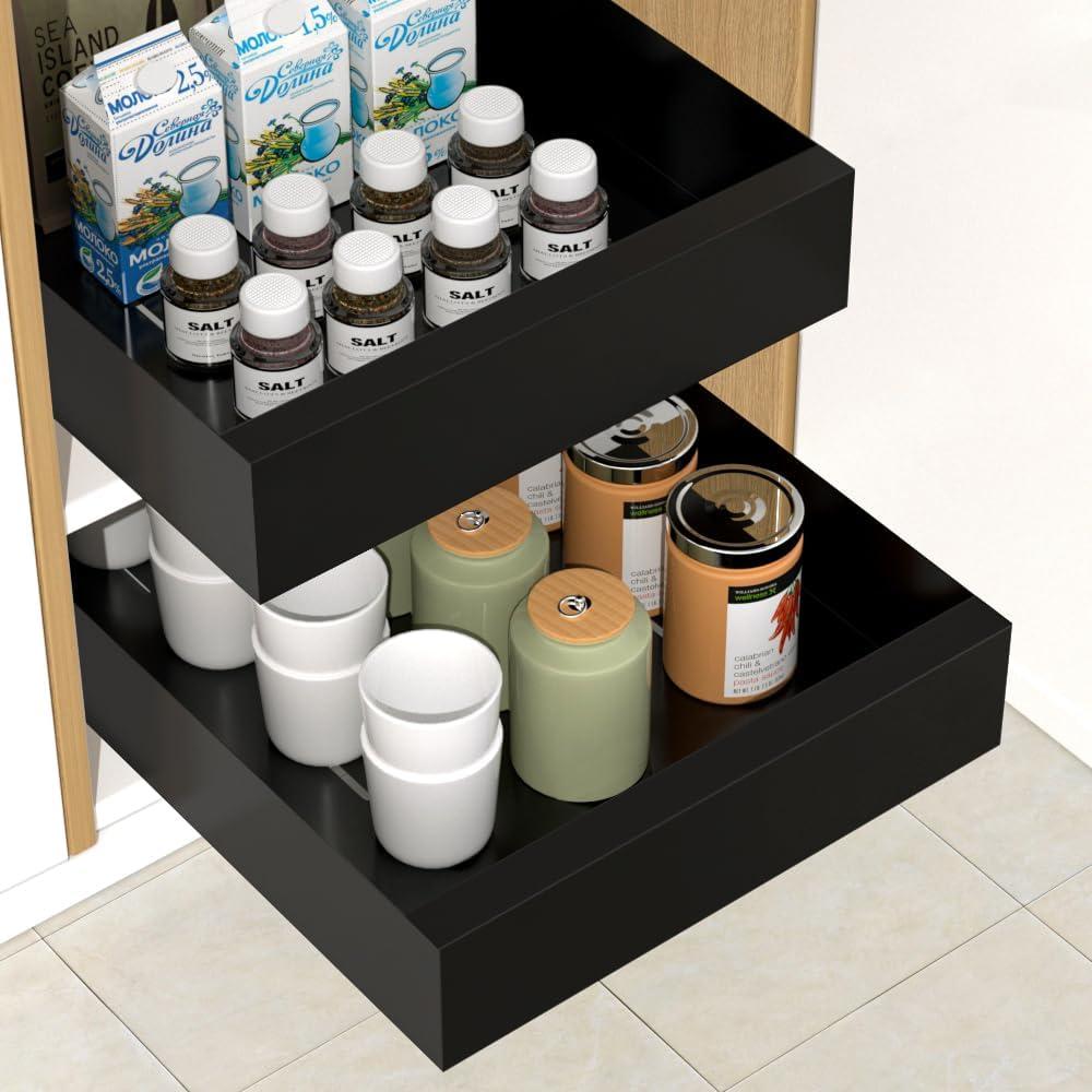 Pull Out Cabinet Organizer, Carbon Steel Cabinet Drawers Slide Out, Pantry Storage Shelves with Nano Adhesive Strip for Kitchen, Bathroom and Living Room 10.3" W X 17.0" D X 2.8H Grey