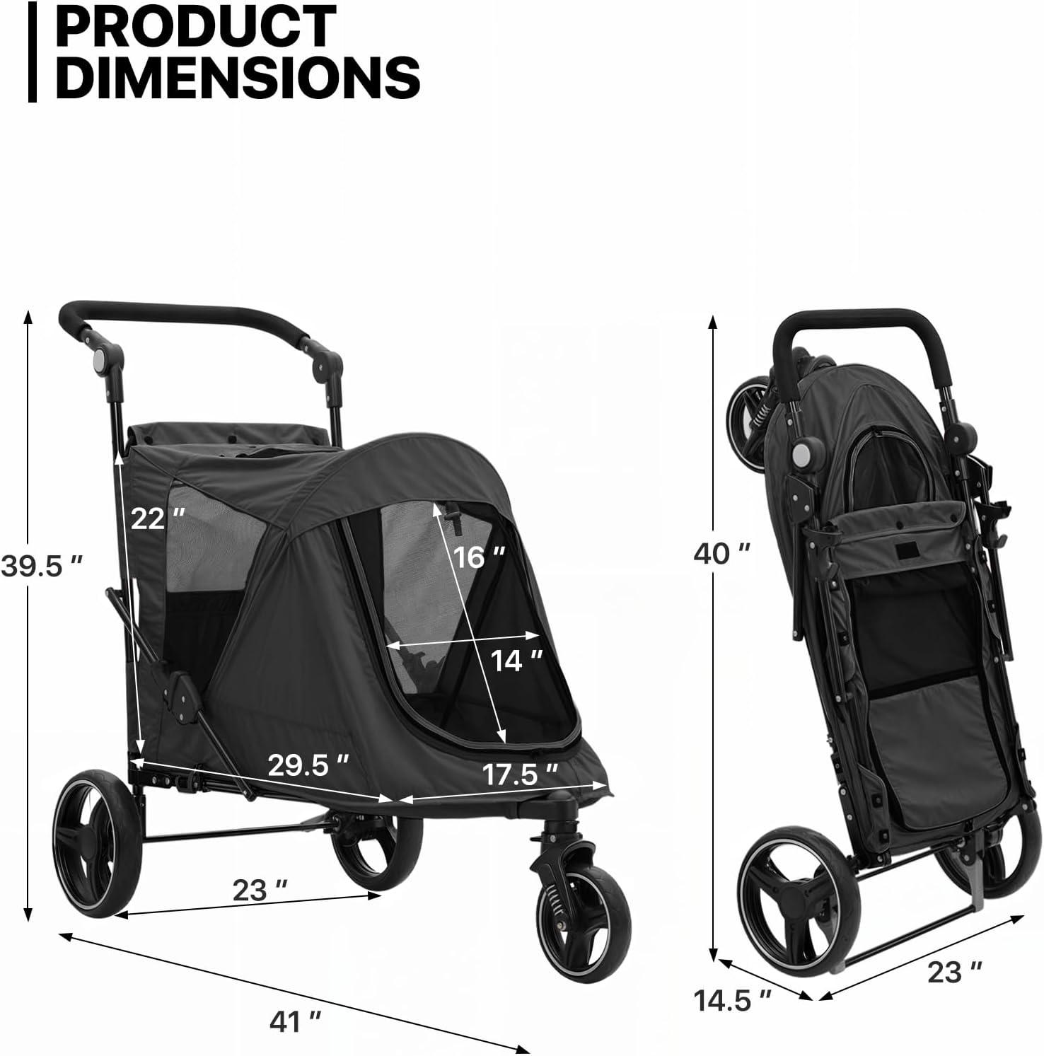 Folding 3 Wheel Pet Stroller, Foldable Dog Jogger Stroller with Adjustable Handlebar and Mesh Window