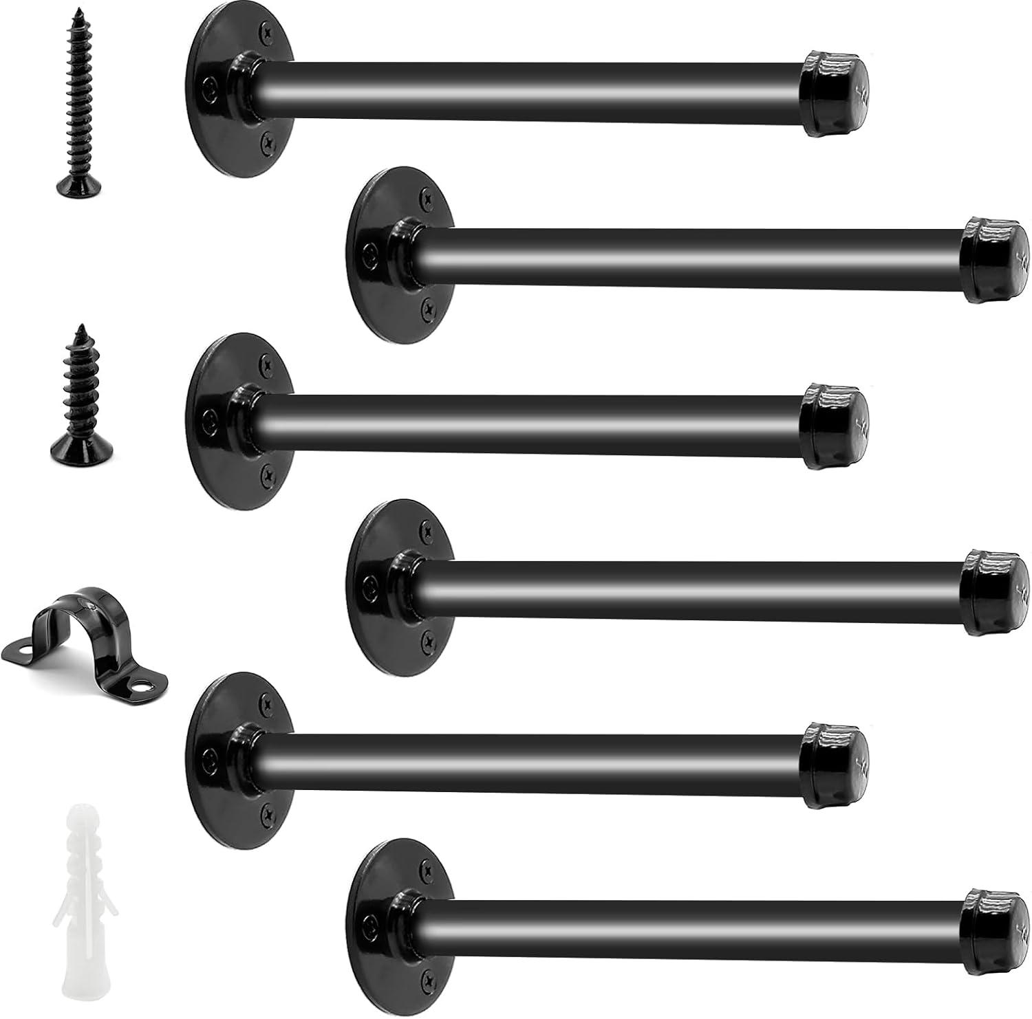 Black Industrial Iron Pipe Wall-Mounted Shelf Brackets, 10 Inches, Set of 6