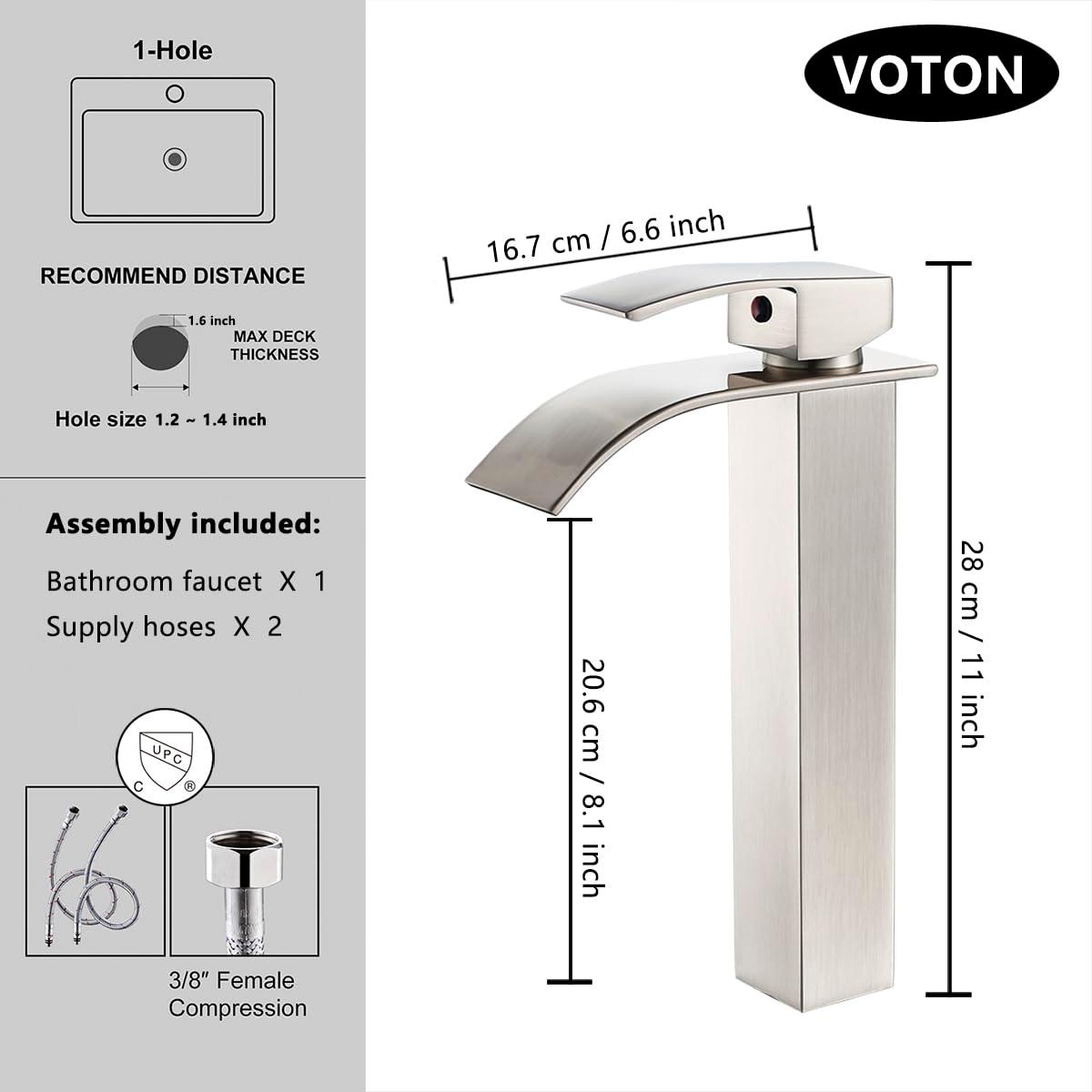VOTON Vessel Sink Faucet Brushed Nickel Modern Tall Waterfall Bathroom Sink Faucet Single Handle Bathroom Faucet 1 Hole Bowl Lavatory Vanity Faucet, Rv Sink Camper Farmhouse Bathroom Faucet
