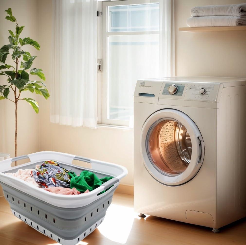 SAMMART 42L (11 gallon) Collapsible Plastic Laundry Basket, White/Grey