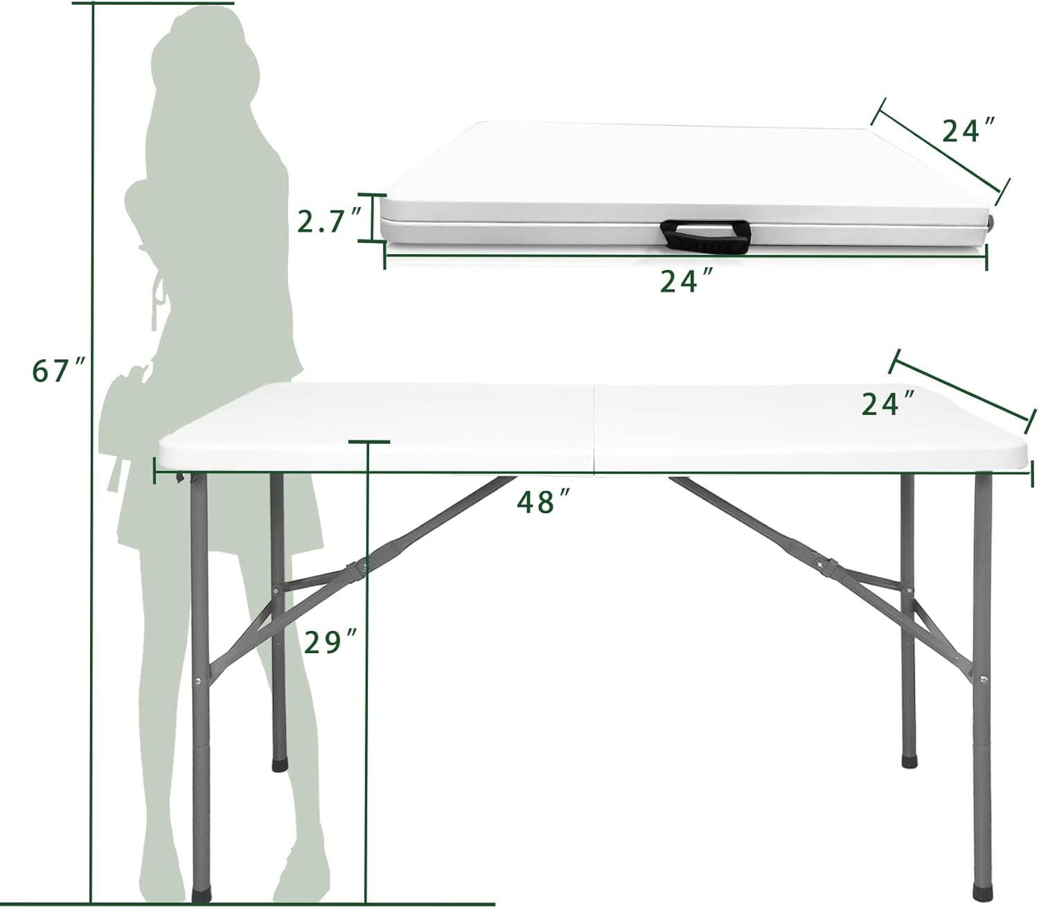 4 ft Portable Folding Table, Idustrial Heavy-Duty Foldable Table, HDPE Plastic Table, with Carrying Handle, Locks, Stright Legs for Indoor & Outdoor Party, Barbeque, Camping, Board Games - White