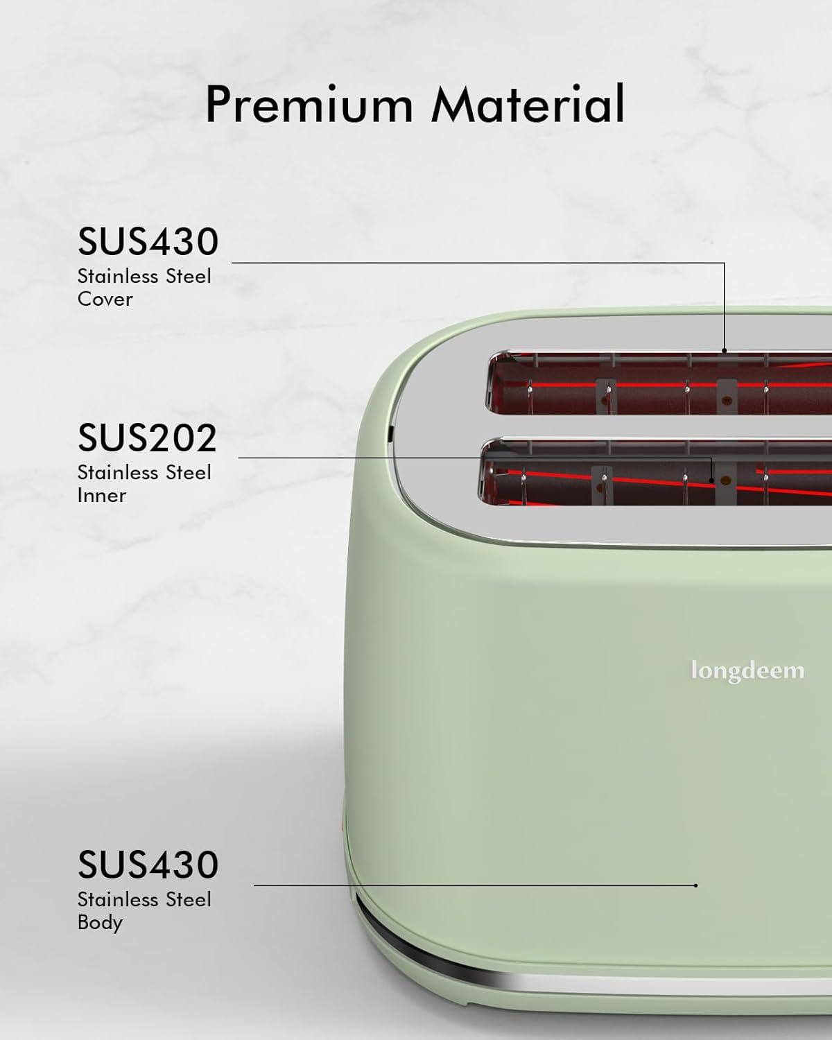 LONGDEEM 2 Slice Toaster, 6 Settings, Extra Wide Slots, High Lift, Auto Shutoff, Pastel Green, New