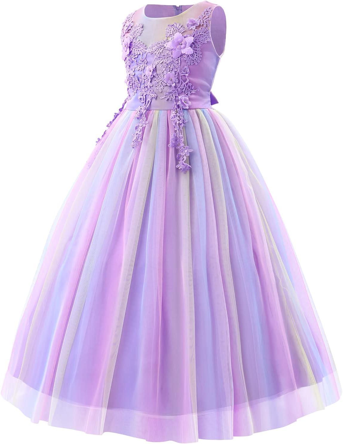 IBTOM CASTLE Vestidos de Desfile Bordados de Encaje Bohemio Floral de Princesa para Fiesta de Niños Boda Vestido Largo de Comunión Hinchado 11-12 Años Púrpura