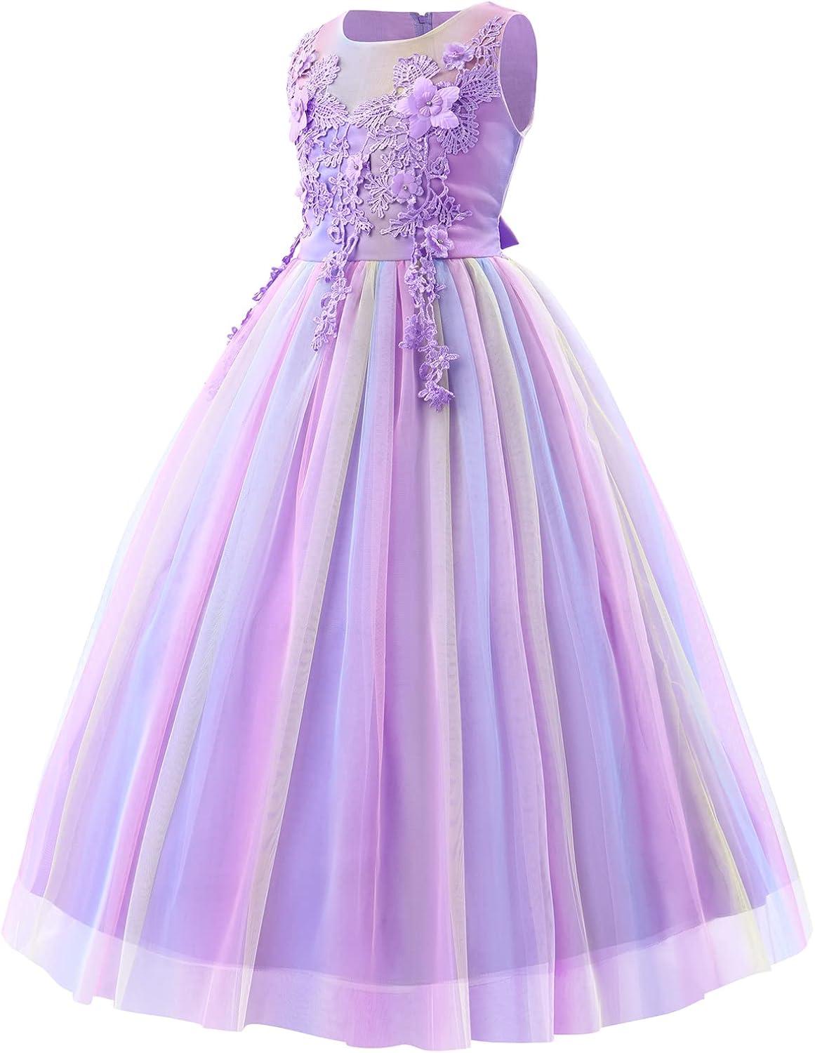 IBTOM CASTLE Vestidos de Desfile Bordados de Encaje Bohemio Floral de Princesa para Fiesta de Niños Boda Vestido Largo de Comunión Hinchado 11-12 Años Púrpura