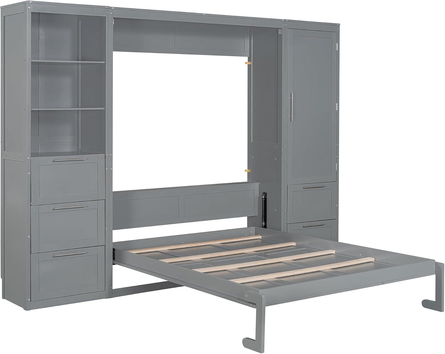 Merax Queen Size Murphy Bed, Wooden Wall Bed with Drawers, Closet and Shelves, Gray