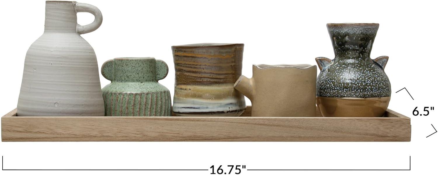 Creative Co-Op Mango Wood Tray with 3 Vases and 2 Planters, Multicolor Reactive Glaze, Set of 6