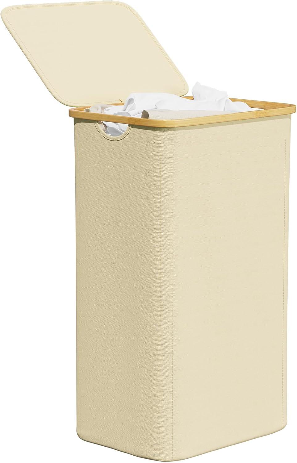 Laundry Hamper with Lid features Bamboo Handle,Beige-SpaceAid