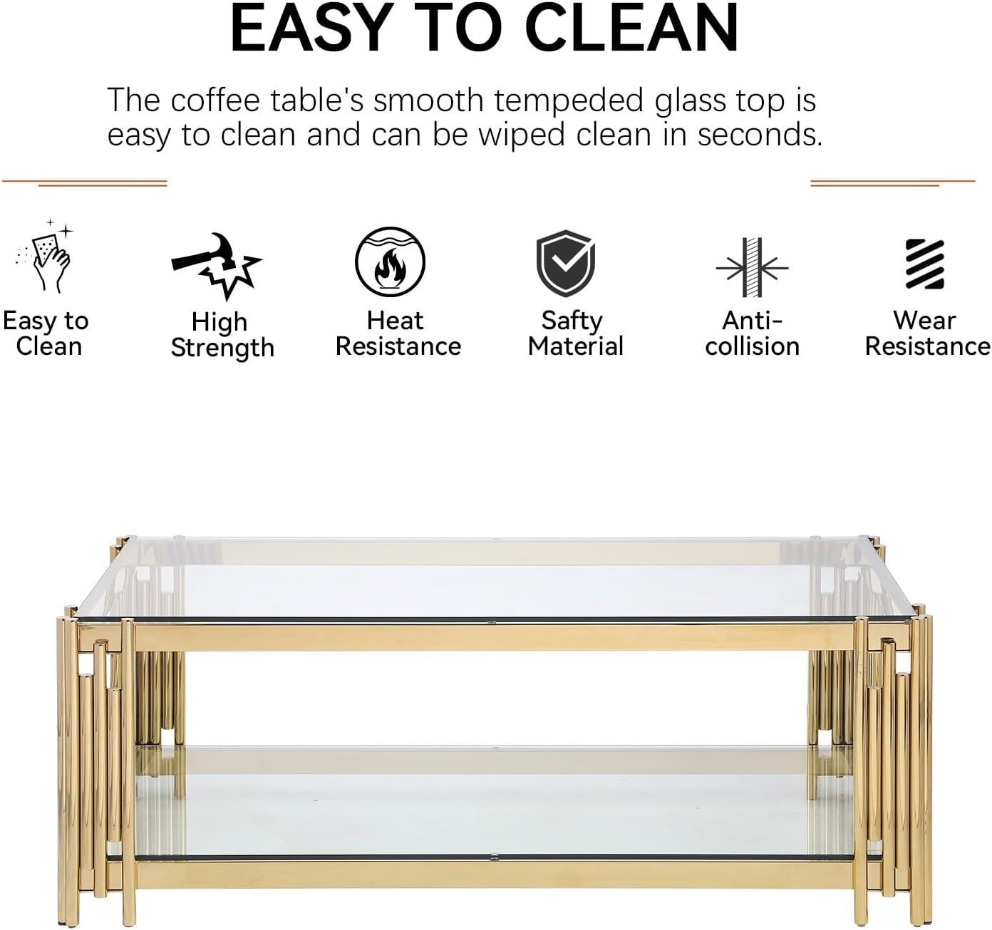 Luxurious Golden Stainless Steel Double-Layer Rectangular Coffee Table with Glass Top  Wide 48” Modern Worker Furniture for Elegant Living Room Decor