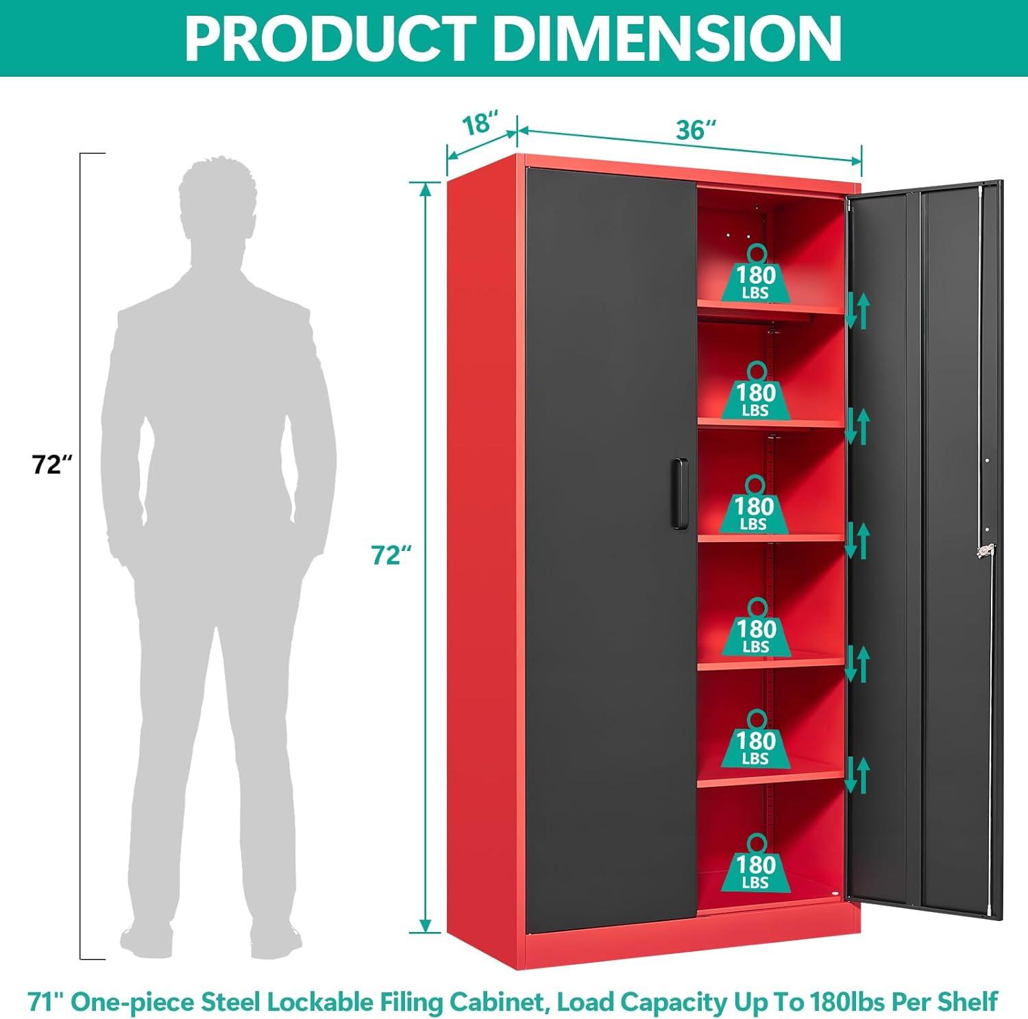 Yizosh Metal Storage Cabinet with Lock - 72" Garage Storage Cabinet with 2 Locking Doors and 5 Adjustable Shelves, Red Black Steel Lockable File Cabinet for Office,Home,Garage