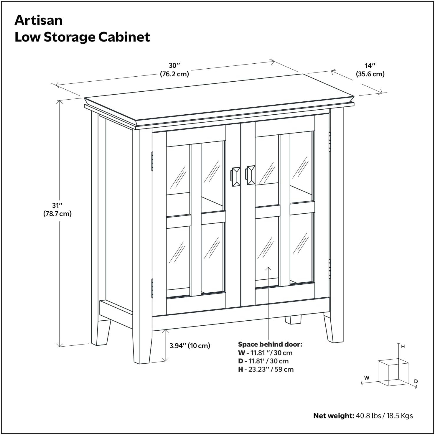 Simpli Home Artisan 30"W Solid Wood 2-Shelf Low Storage Cabinet with Glass Doors and Adjustable Shelves