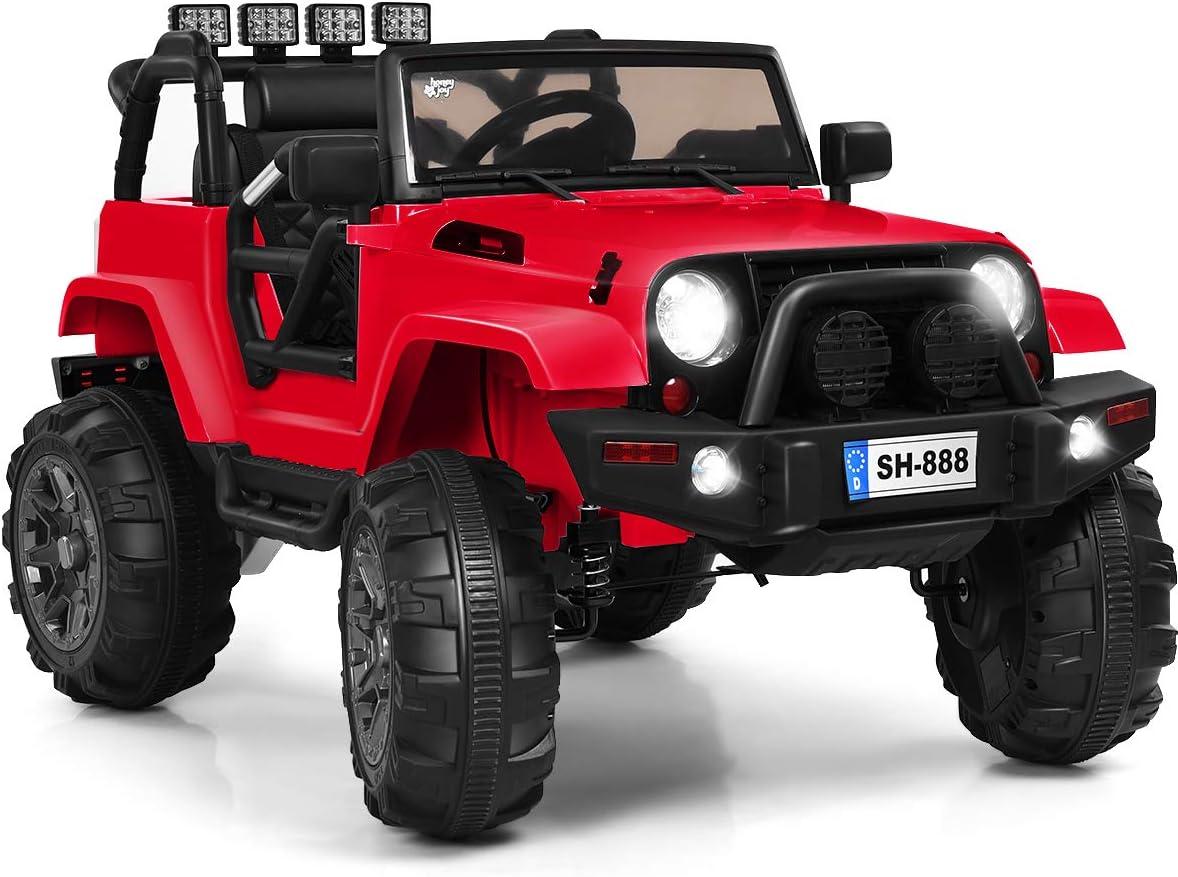 HONEY JOY Ride On Truck, 12V Battery Powered Vehicle Ride On Car with Remote Control, Spring Suspension, Headlights, Music, Mesh Windshield, Electric Cars for Kids, Gift for Boys Girls 3+(Red)