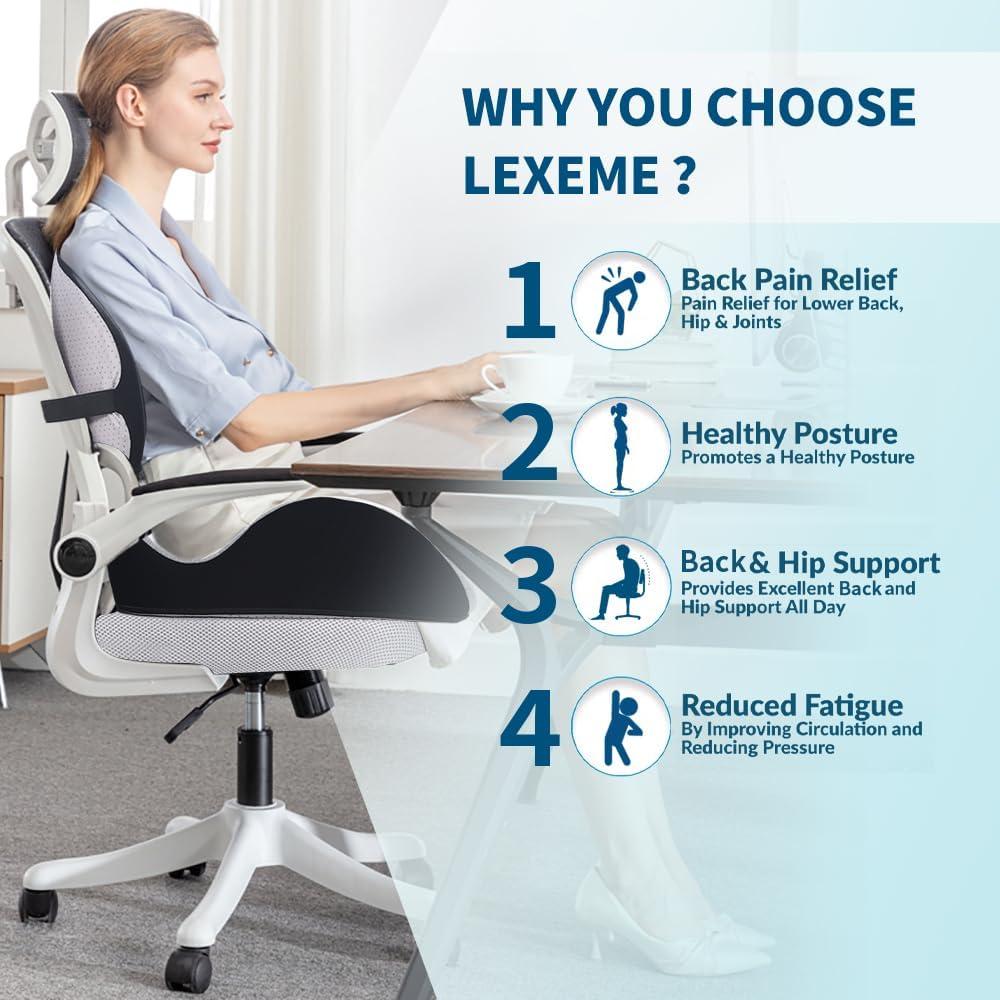 X Large Memory Foam Seat Cushion Lumbar Support Pillow for Sciatica & Tailbone Pressure Relief Coccyx Pad for Office Chair, Car,Wheelchair,Home,Office