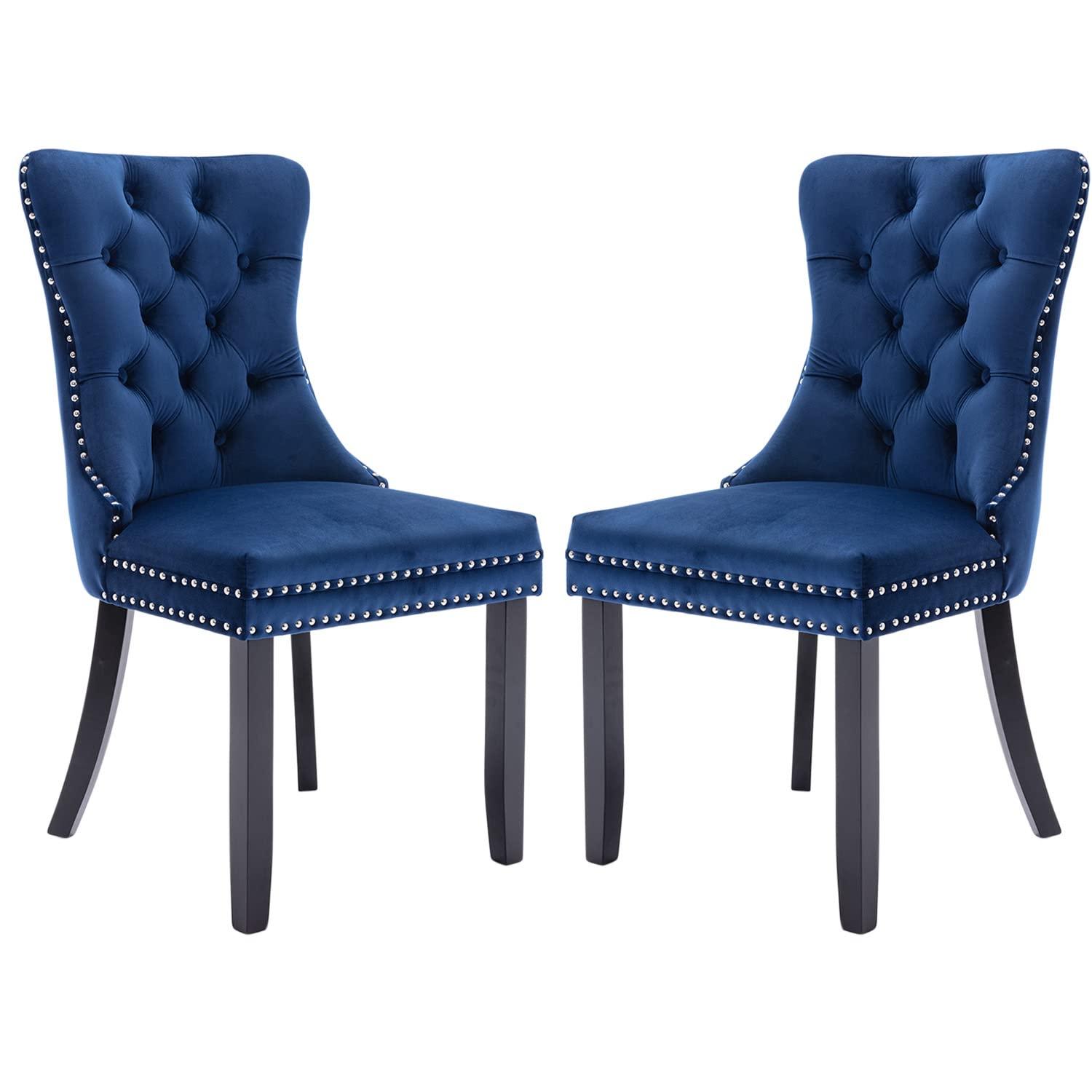 ODUSE-DAILY Velvet Dining Chairs Set of 2, Navy Kitchen & Dining Room Chairs, Tufted Dining Chairs, Fabric Upholstered, Solid Wood, Sillas De Comedor (Blue, 2 Pcs)