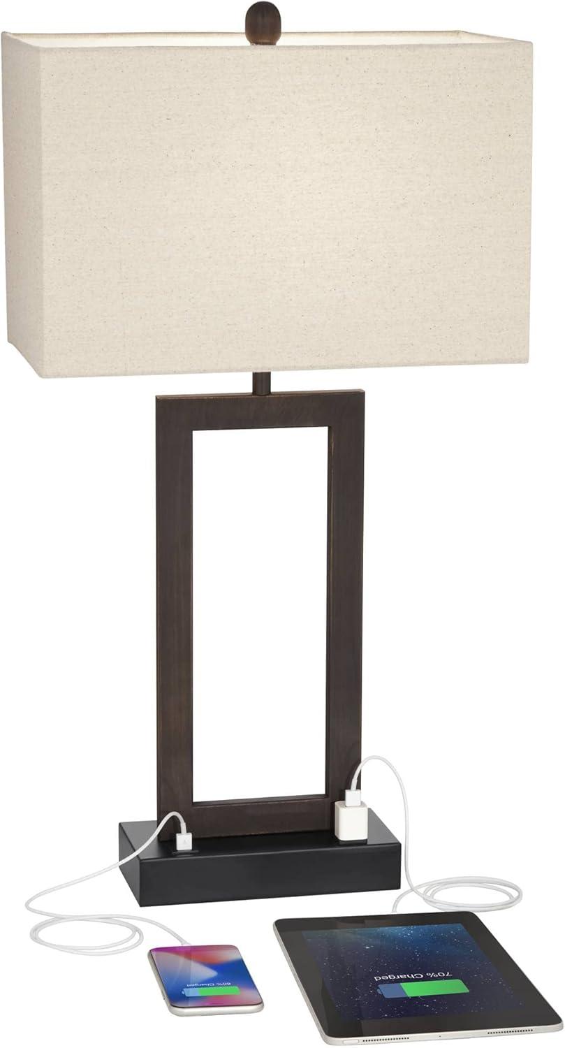 360 Lighting Todd Modern Table Lamp 30" Tall Bronze Rectangular with USB and AC Power Outlet in Base Oatmeal Fabric Shade for Living Room Office House