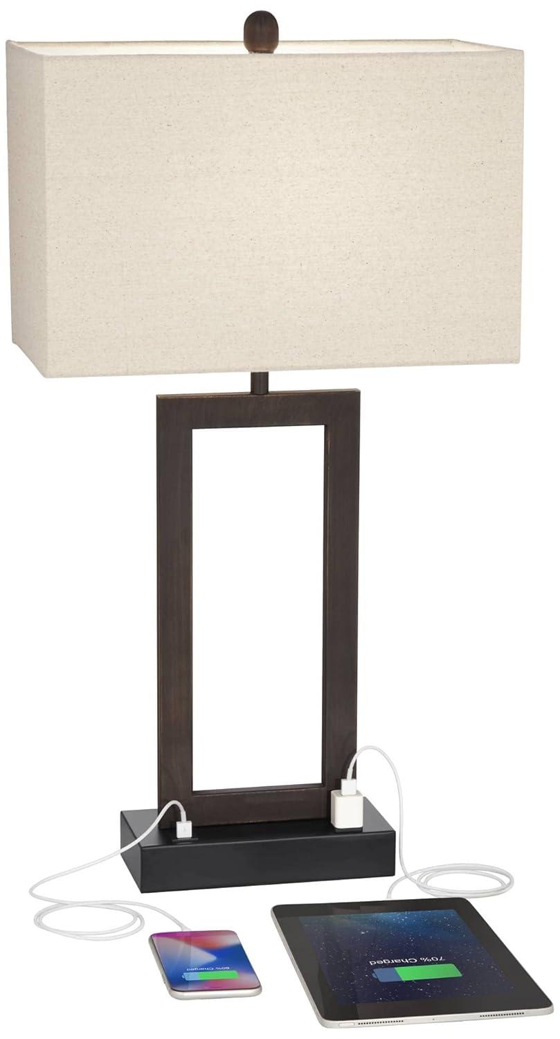 360 Lighting Todd Modern Table Lamp 30" Tall Bronze Rectangular with USB and AC Power Outlet in Base Oatmeal Fabric Shade for Living Room Office House