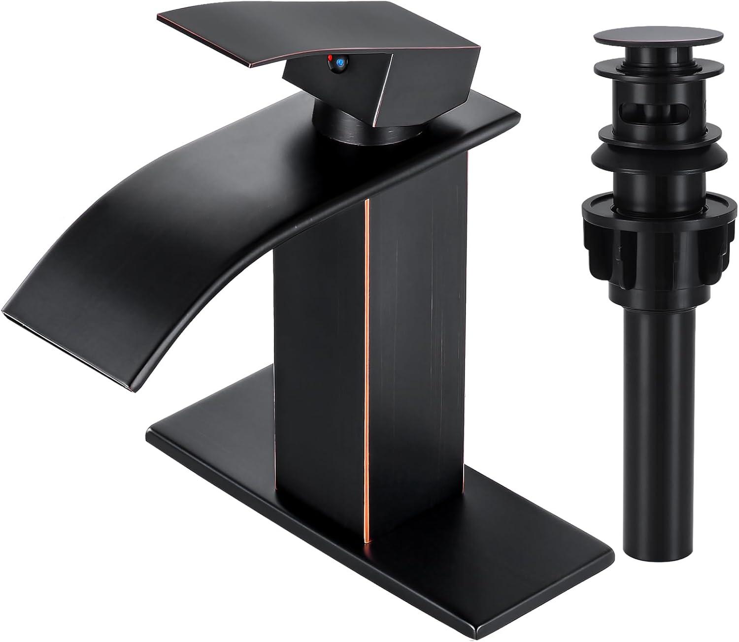 Oil Rubbed Bronze Waterfall Bathroom Faucet with Deckplate and Pop-Up Drain