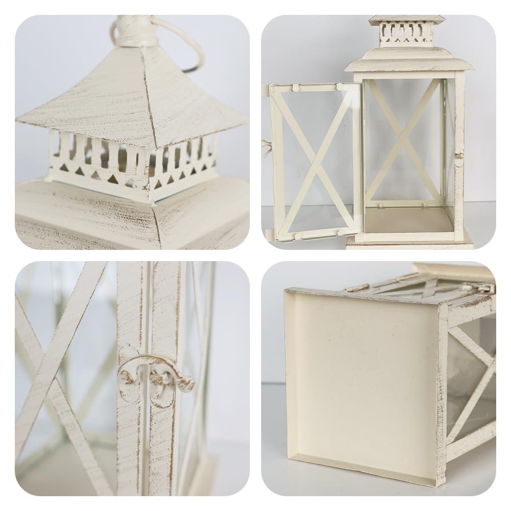 Lanterns Decorative Outdoor&Indoor, Set of 2 (14"&10") Beige Metal Lantern Decor with Glass, Candle Holder for Porch, Patio, Garden, Balcony, Wedding, Table Centerpiece