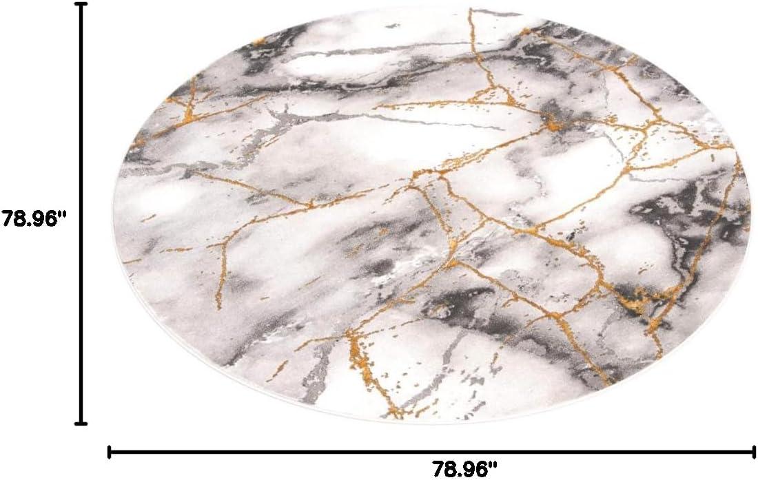 Gray and Gold Abstract Round Synthetic Area Rug, 6'7"